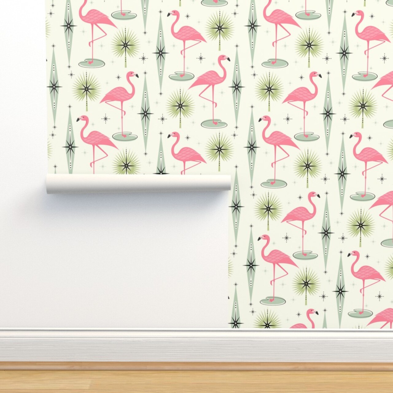 Atomic Flamingo Vertical Pink Flamingos Palm Leaves Diamonds Mid Century Retro Fifties 1950S Birds Exotic Custom Pre-pasted Wallpaper by Spoonflower Pre-Pasted Wallpaper 2FT Wide